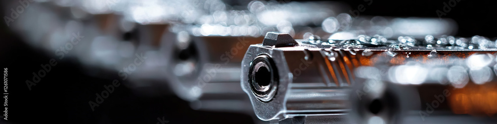 Close-up of Multiple Handguns with Water Droplets Close-up of Multiple Handguns with Water Droplets