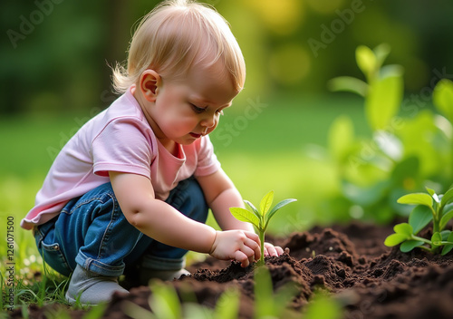 child tends small plant