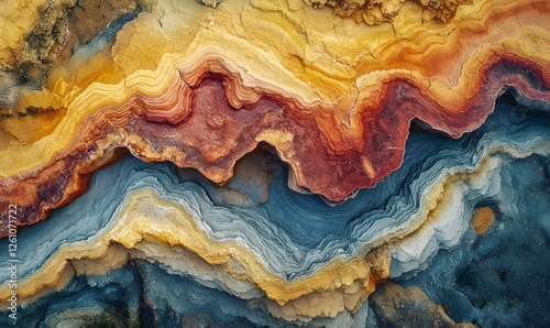 Abstract aerial view of colorful layered rock formations with yellow, red, and blue tones