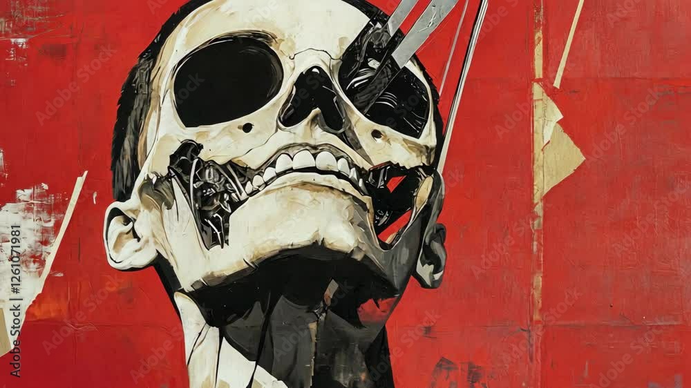 Artistic representation of a skull with mechanical elements and vibrant red background depicting themes of life and technology