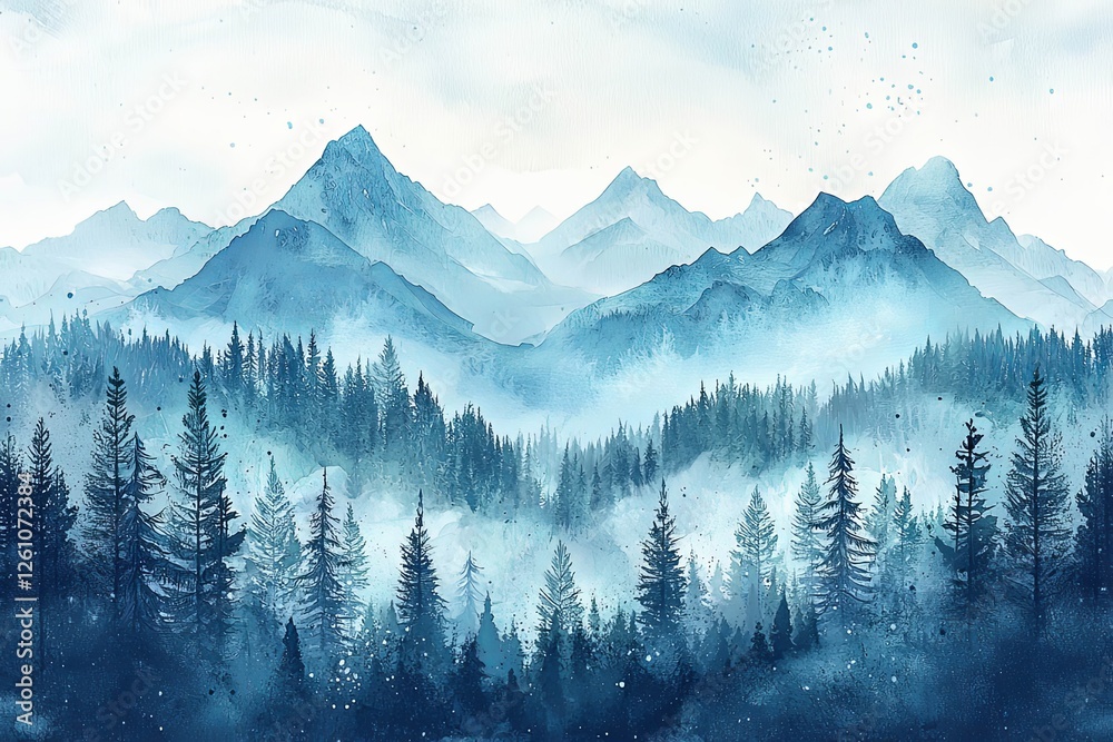 Obraz premium Watercolor background landscape with forest and mountains.