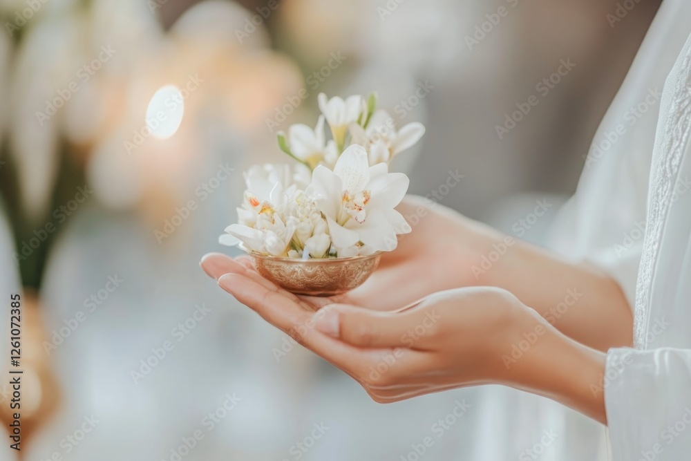 Close-up of Hands Holding a Delicate Flower Garland in Soft Lighting Showcasing Traditional Thai Culture and a Serene Atmosphere Close-up of Hands Holding a Delicate Flower Garland in Soft Lighting Showcasing Traditional Thai Culture and a Serene Atmosphere