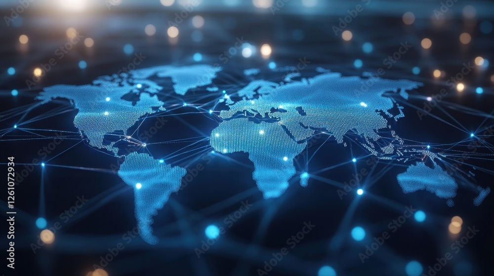 Digital world map illuminated by glowing connections representing global networks and technology advancements Digital world map illuminated by glowing connections representing global networks and technology advancements