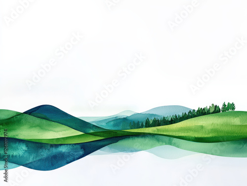 serene watercolor landscape featuring rolling green hills, blue waves, and tranquil reflection in water. scene evokes sense of calm and connection to nature
