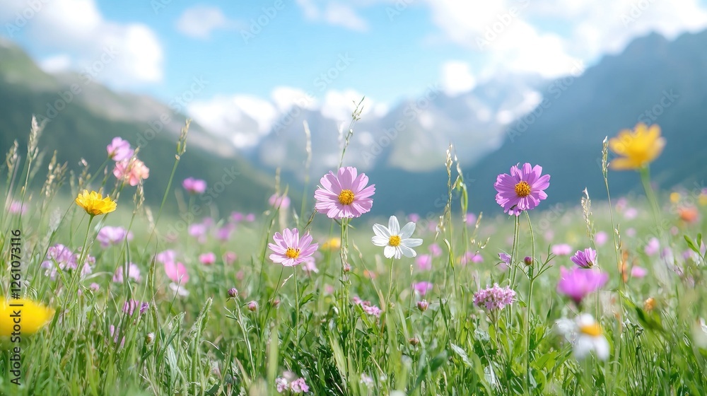 Colorful flowers field in front of mountains Colorful flowers field in front of mountains