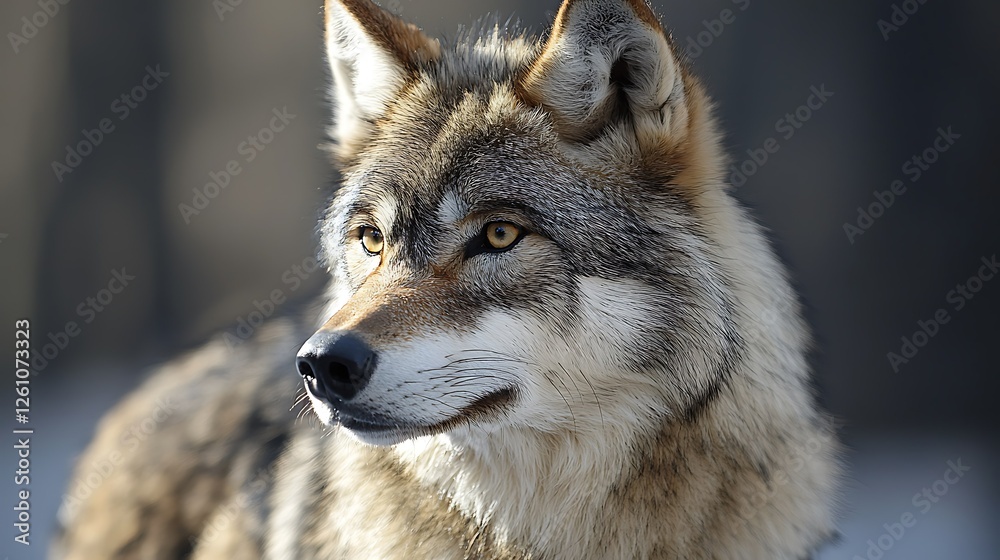 Majestic wolf portrait, winter forest background, wildlife photography, nature imagery
