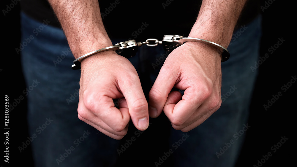 Close-up of Arrested Handcuffed Criminal, Man Hands in Handcuffs, Justice and Law Enforcement Close-up of Arrested Handcuffed Criminal, Man Hands in Handcuffs, Justice and Law Enforcement