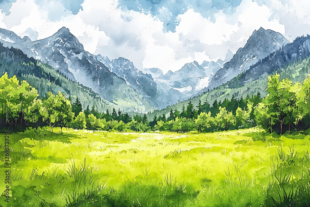 Obraz premium Summer natural landscape with green grass, bushes and trees on meadow in foot of high mountains.