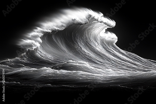 Dramatic black and white image of a powerful ocean wave, crashing against a dark sea.  High contrast and detailed texture showcase the waves raw energy and beauty.