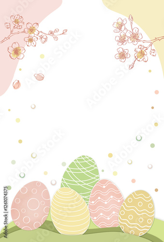 easter egg hunting line art background template in pastel pink -yellow -green colors with eggs, blooming apple tree branches .Easter invitation or greeting card template. Free copy space .