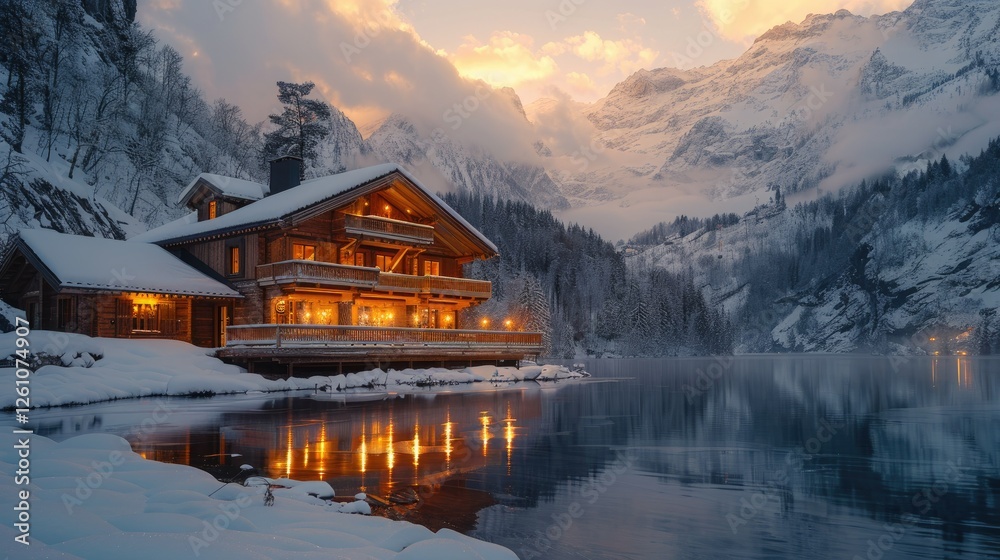 Fototapeta premium Cozy wooden chalet on snowy lake at sunset, majestic mountains in background.