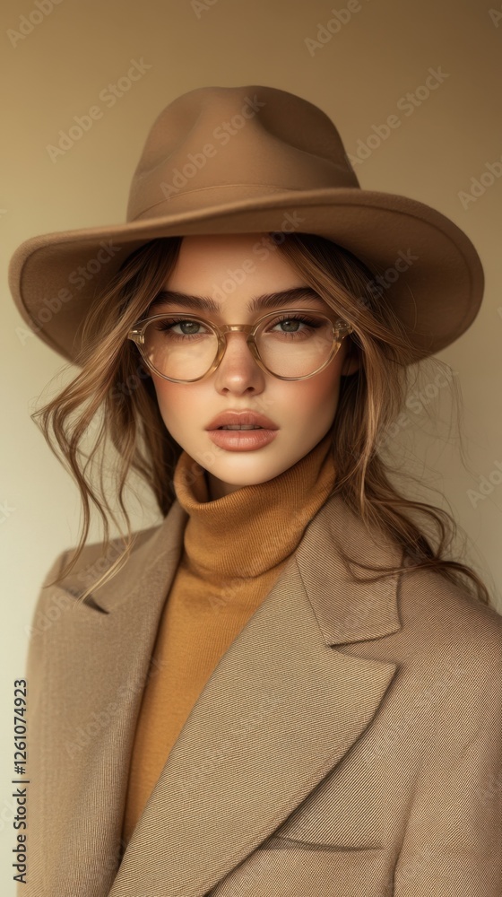 Elegant young woman in fashionable attire with hat and glasses poses gracefully in a warm-toned background Elegant young woman in fashionable attire with hat and glasses poses gracefully in a warm-toned background