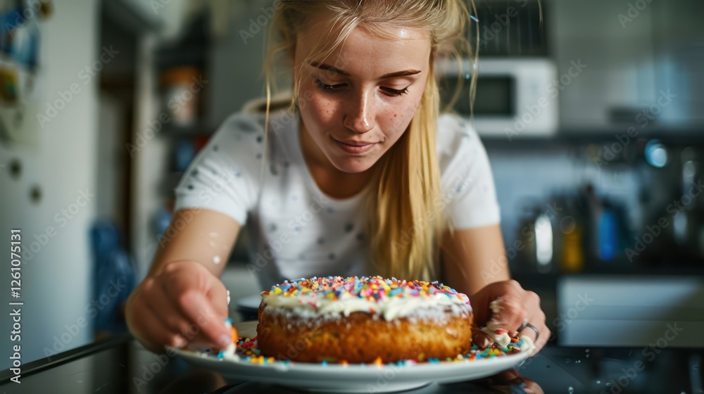 Very cheerful woman is making cake in the kitchen Very cheerful woman is making cake in the kitchen