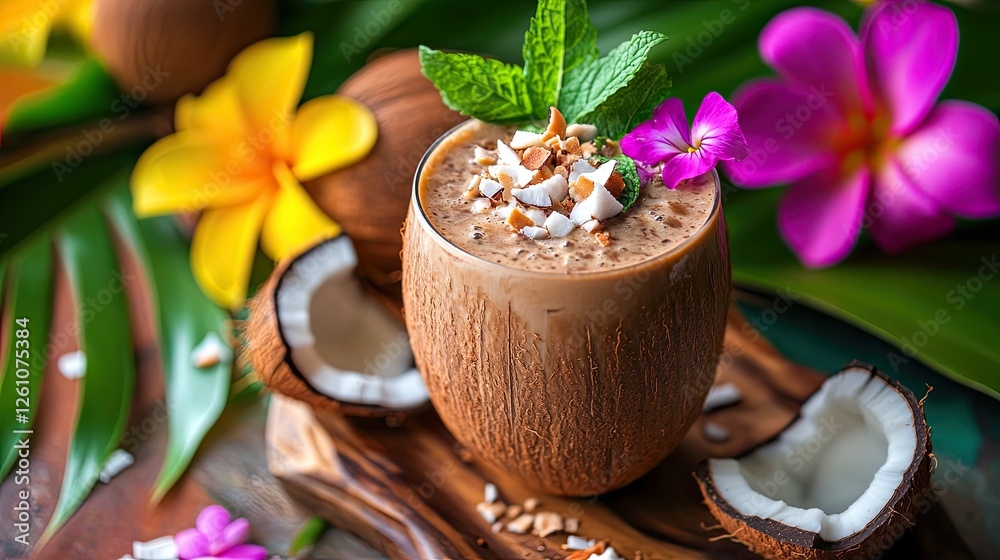 A tropical-inspired Vietnamese coconut iced coffee, topped with toasted coconut and fresh mint, capturing the perfect balance of creamy, bold, and refreshing flavors