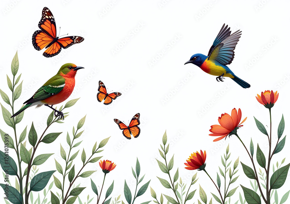 vibrant birds butterflies flutter crisp white backdrop serene natural vibrant birds butterflies flutter crisp white backdrop serene natural