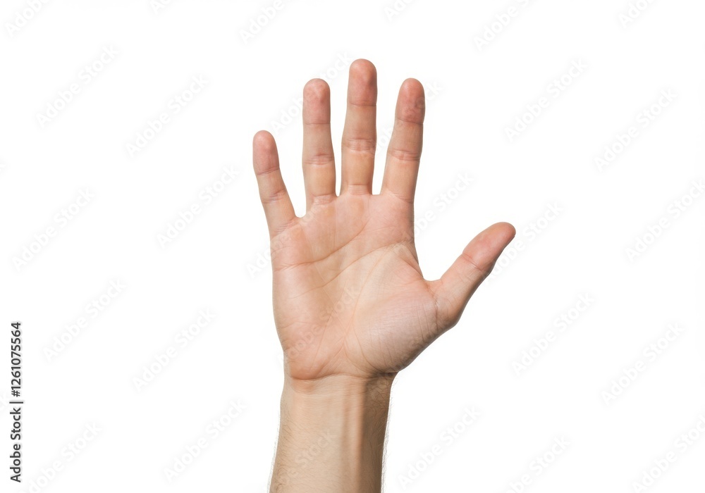 Open human hand palm raised against white background Open human hand palm raised against white background