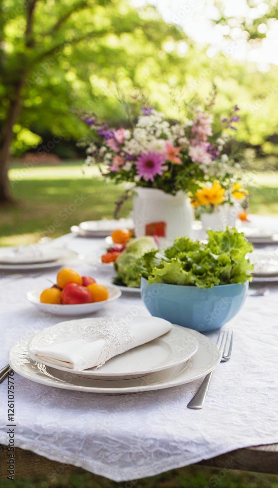 Fototapeta premium A beautifully arranged garden picnic table, adorned with white lace tablecloth, colorful plates of spring vegetables, and floral centerpieces.