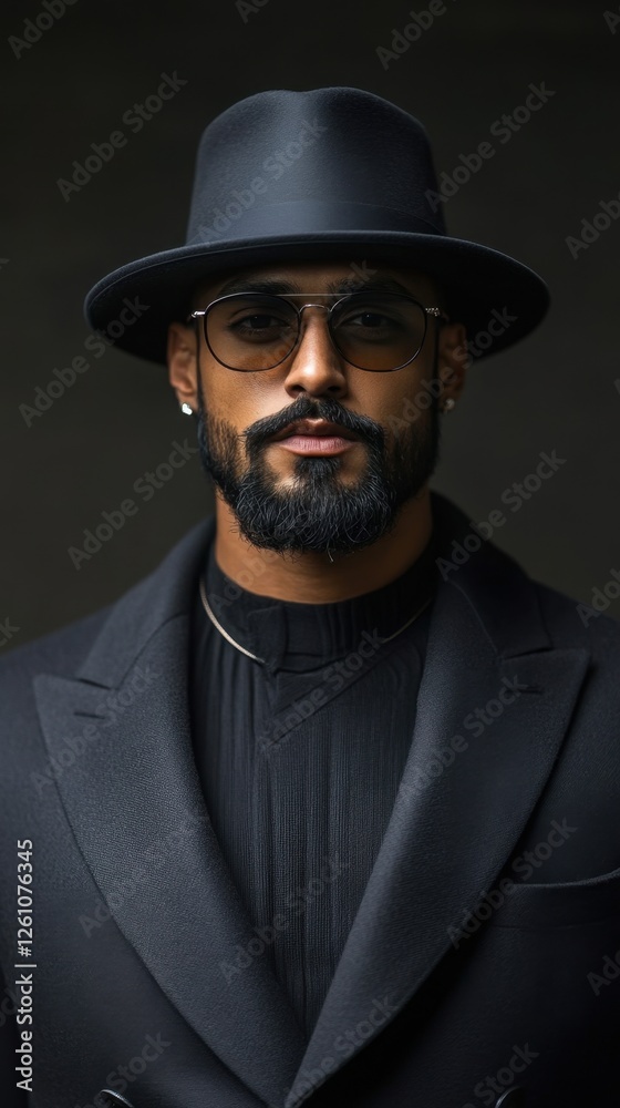 Elegant man in stylish hat and sunglasses exuding confidence in a dimly lit setting Elegant man in stylish hat and sunglasses exuding confidence in a dimly lit setting