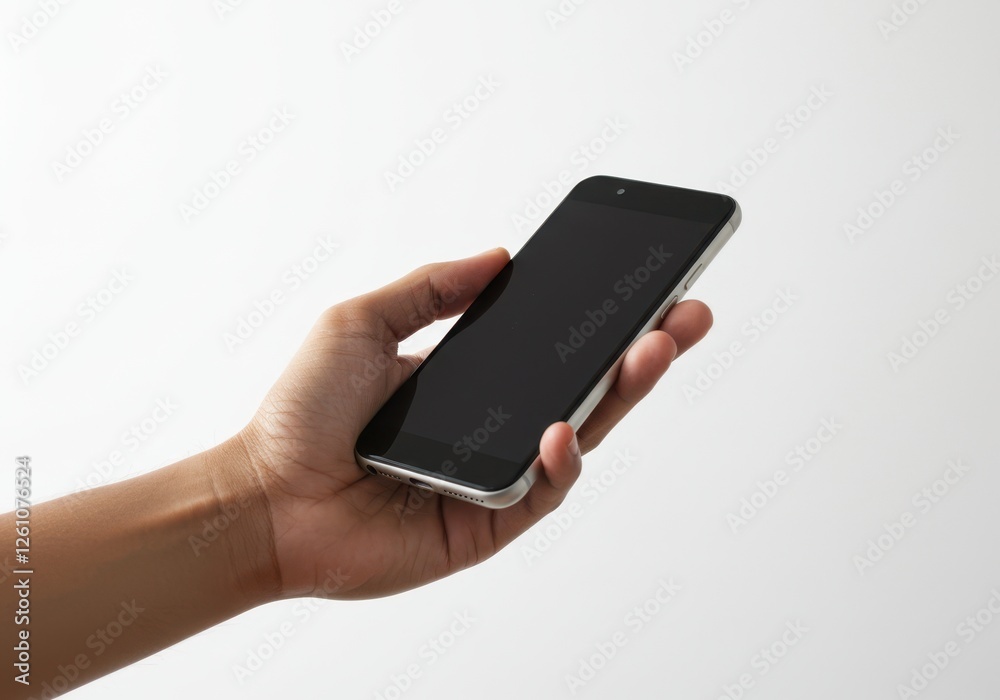 Hand holding modern smartphone against minimalist background in natural light Hand holding modern smartphone against minimalist background in natural light