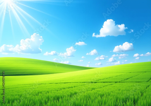 vibrant field green grass brilliant blue perfect sky sunny