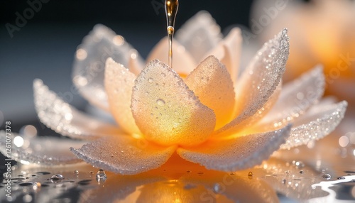 Delicate water lily with droplets illuminated by soft light creating a serene atmosphere