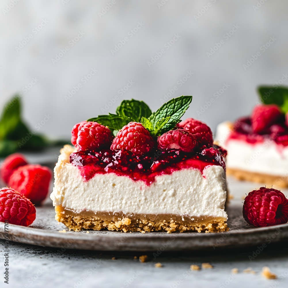 Raspberry Cheesecake Slice: A decadent slice of creamy cheesecake, topped with fresh raspberries and a glistening raspberry sauce, garnished with mint. The dessert sits on a rustic-style plate. Raspberry Cheesecake Slice: A decadent slice of creamy cheesecake, topped with fresh raspberries and a glistening raspberry sauce, garnished with mint. The dessert sits on a rustic-style plate.