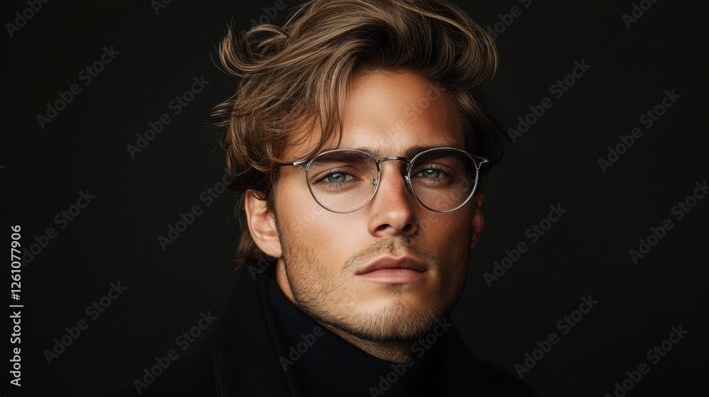 Captivating portrait of a young man with stylish glasses exuding confidence and charm in a dark setting