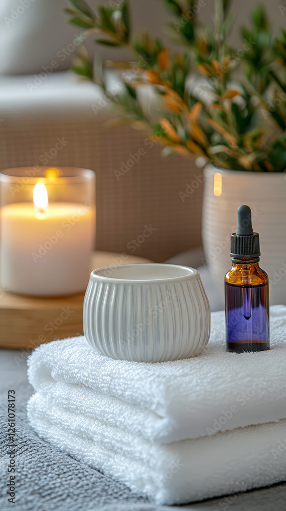 A spa-inspired setup featuring soft towels, an aromatherapy bottle, and a warm candlelight glow. The scene evokes relaxation, self-care, and stress relief with soothing aesthetics. A spa-inspired setup featuring soft towels, an aromatherapy bottle, and a warm candlelight glow. The scene evokes relaxation, self-care, and stress relief with soothing aesthetics.