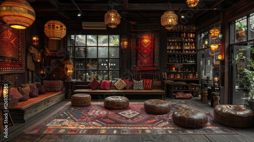 Wallpaper Mural Dark, eclectic room with low seating, rugs, tapestries, and lanterns. Torontodigital.ca