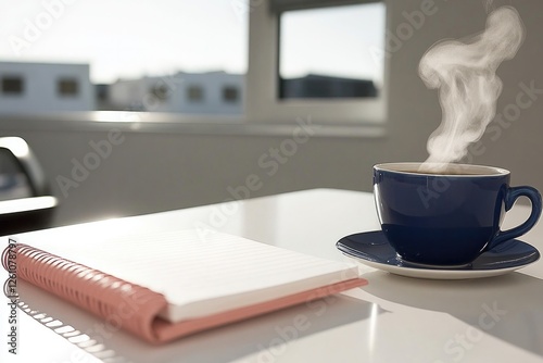 Warm coffee cup beside an open notebook, sunlight streaming thro photo