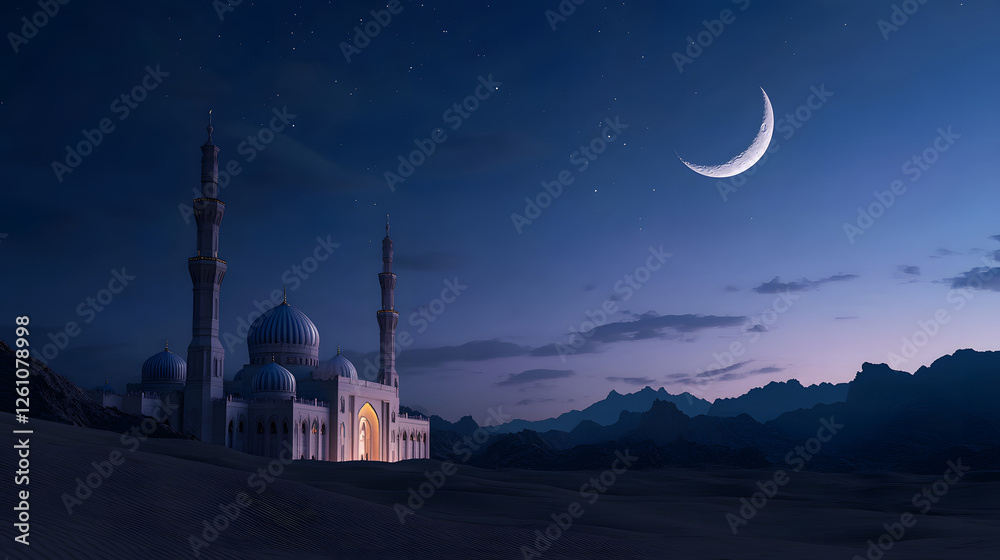 Fototapeta premium Ramadan Kareem greeting. Islamic crescent moon and mosque. End of fasting. ramadan decorations, Eid al-Fitr. Breaking of holy fast day. Muslim holiday. Arab night sky.
