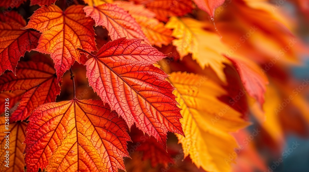 Tight Close-Up of Autumn Leaves: Electric Red, Orange, Yellow, and Brown with Intricate Vein Details and Bokeh Tight Close-Up of Autumn Leaves: Electric Red, Orange, Yellow, and Brown with Intricate Vein Details and Bokeh