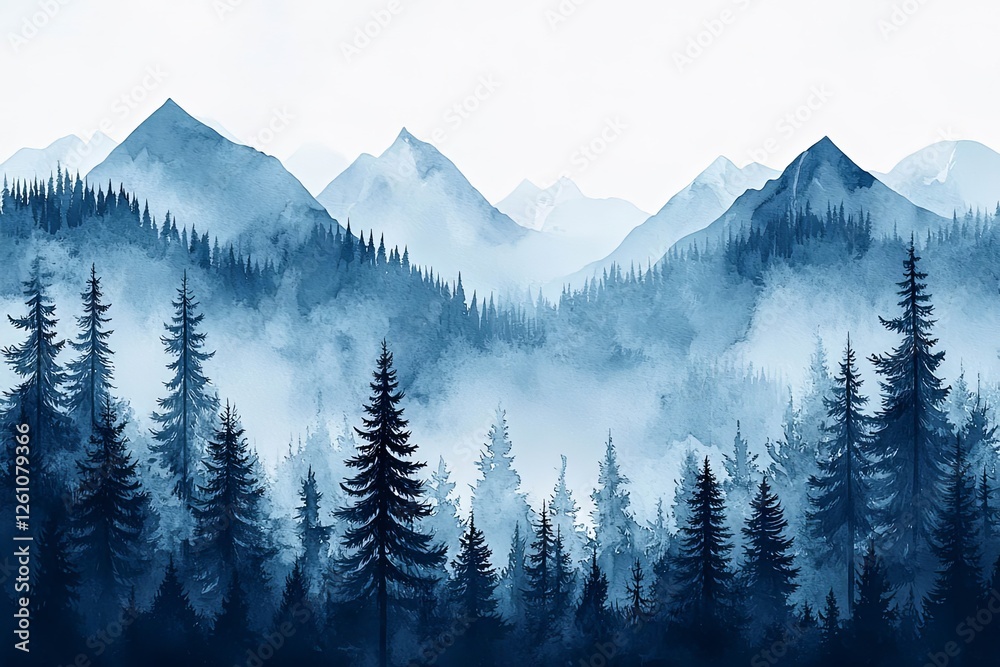 Obraz premium Flat forest illustration with pine trees and mountains. Outdoor scene. Nature background.