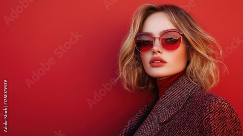 Fashionable woman poses against a vibrant red wall while wearing stylish sunglasses and a chic coat in a trendy urban setting