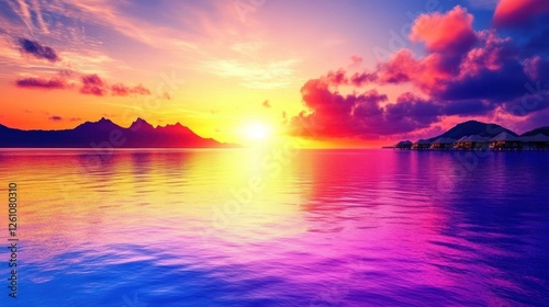 Fototapeta Naklejka Na Ścianę i Meble -  Vivid sunset over calm ocean with distant mountains and island resorts