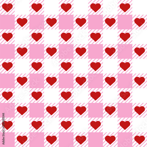 Pink Heart gingham check plaid pattern. Valentine's Day design. Vector background. Seamless texture for print, textile, fabric.