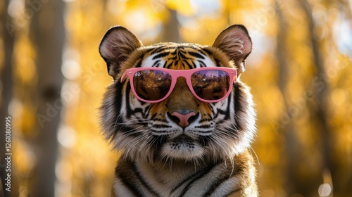 Cool tiger with pink sunglasses posing amidst golden autumn trees in a stunning contrast of colors and playful vibes