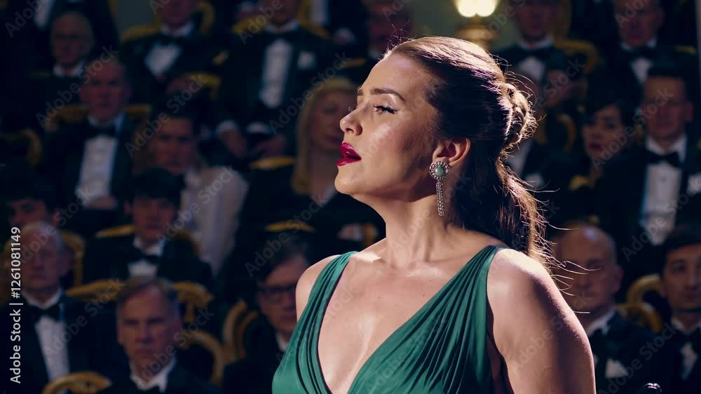 A dramatic video scene of a woman singing passionately on stage, captured from a side angle, with a blurred audience in the background.