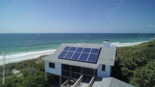 Sustainable coastal living house with solar panels overlooking ocean view
