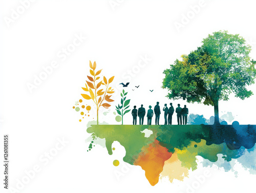 vibrant watercolor illustration depicting group of people standing on colorful landscape with trees and plants, symbolizing corporate sustainability and environmental awareness