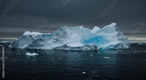 Majestic iceberg floating in dark ocean under overcast sky