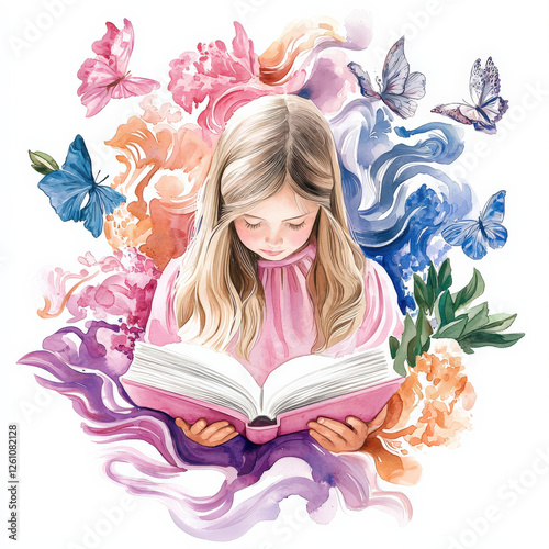 young girl reads book surrounded by colorful butterflies and floral patterns, evoking sense of wonder and imagination