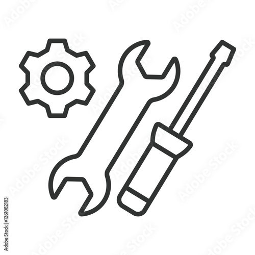Tools, icon in line design. Tools, wrench, hammer, screwdriver, pliers, drill, saw, spanner on white background vector. Tools, icon in line design editable stroke icon