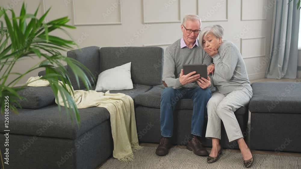 Senior old couple with tablet watching video online. Husband wife spending time together at home. Happy modern mature senior couple using tablet for family entertainment. Old people modern technology Senior old couple with tablet watching video online. Husband wife spending time together at home. Happy modern mature senior couple using tablet for family entertainment. Old people modern technology