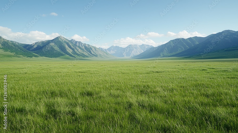 Fototapeta premium Vast green meadow amidst mountains under clear sky. Scenic landscape, perfect for nature backdrop