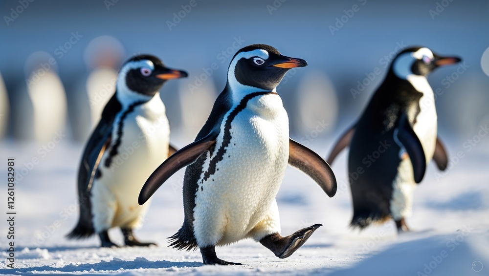 Obraz premium Groups of penguins move energetically across the snowy landscape, displaying their characteristic waddle. The sunshine enhances their playful antics, evoking laughter