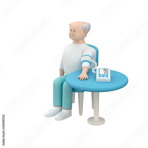 Senior male character sitting on the chair at a table and using a blood pressure machine over a white backdrop, 3d render