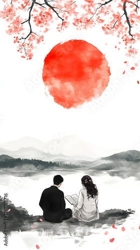 Chinese ink painting style, two people sitting by the river and reading books under cherry blossom trees