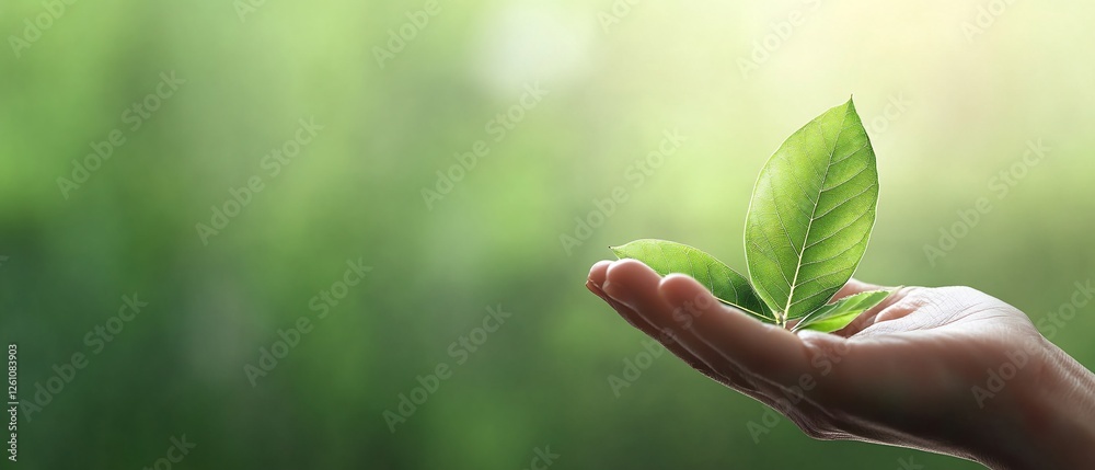 Hand holding sprout, green nature background, eco concept Hand holding sprout, green nature background, eco concept