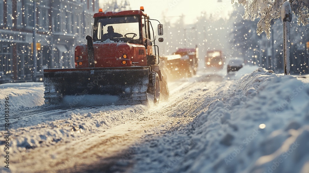 snow removal machine removes snow from roads on a winter day, removal and cleaning of snow from city streets snow removal machine removes snow from roads on a winter day, removal and cleaning of snow from city streets